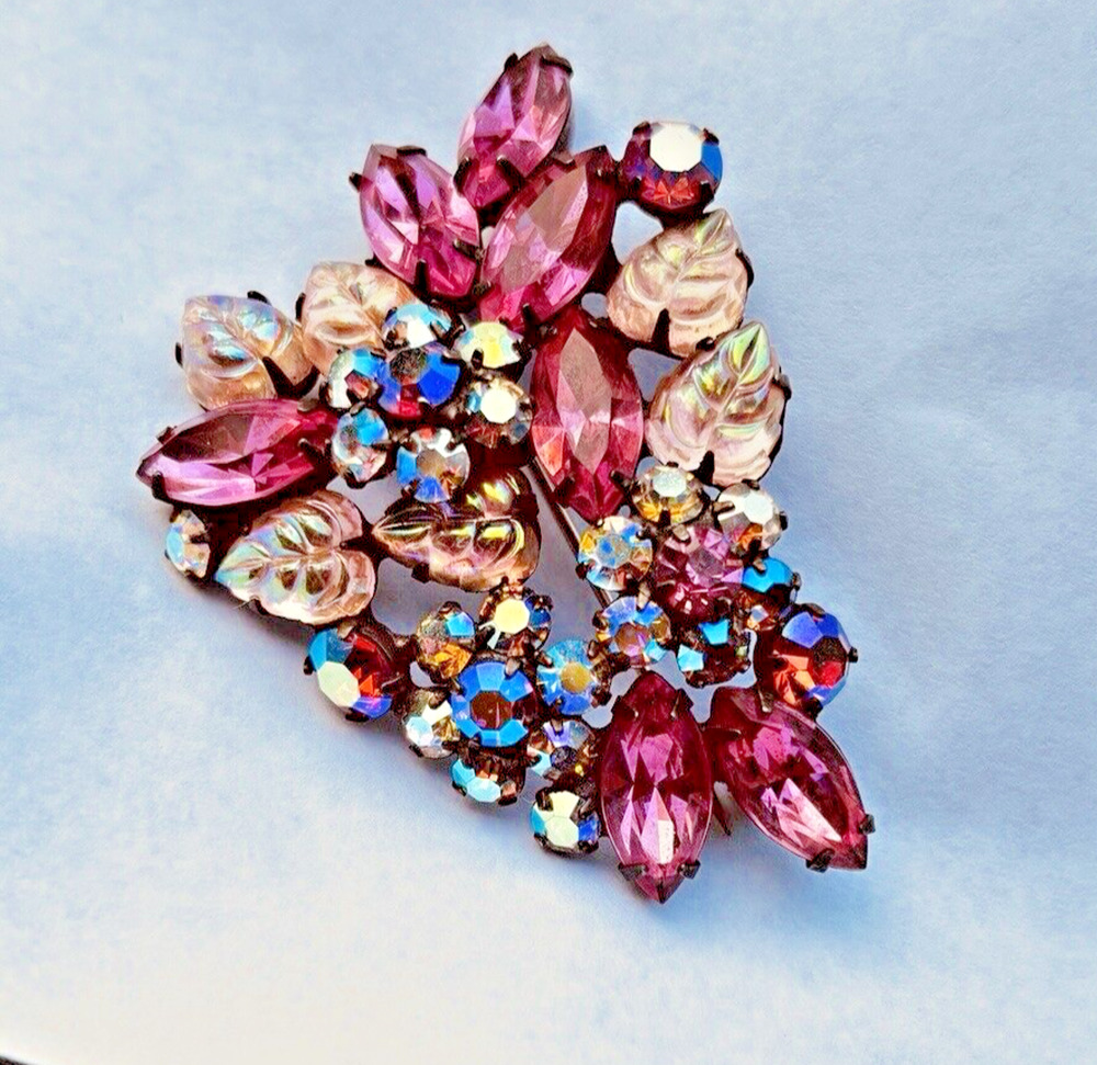 Beautiful Pink Rhinestone Aurora Borealis Brooch/Pin Floral & Leaf 2.5"